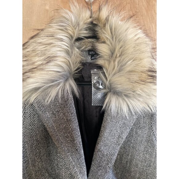 City Chic Sleek Fur Coat Women’s Size S/16 Herringbone Tweed Removable Fur Colla - Picture 6 of 13